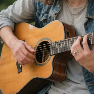 A person playing an acoustic guitar with left hand on the fr
