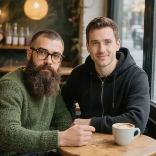 Two men at a cafe: one with a beard and glasses wearing a gr