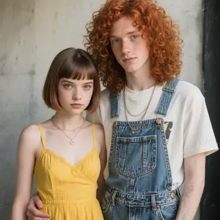 Two friends posing: one tall with curly red hair in denim ov