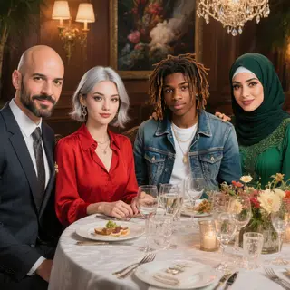 Four people at a dinner table: a bald man in a suit, a woman
