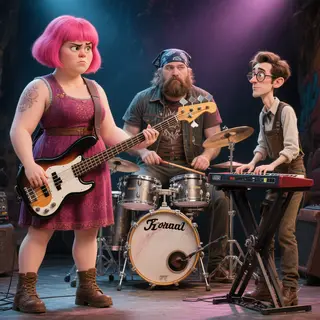Three musicians on stage: a tall woman with short pink hair 
