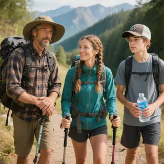 Three hikers on a trail: a man with a backpack and sunhat, a