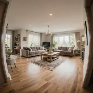 A wide-angle shot of a modern living room interior showing e