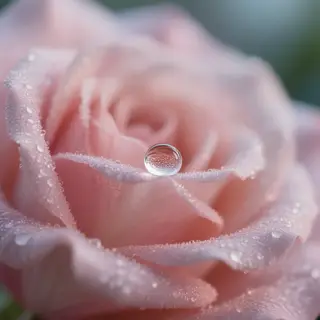 A close-up macro shot of a single dewdrop on a rose petal, s