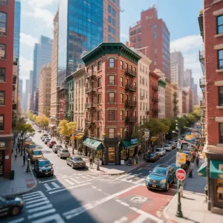 A tilt-shift photograph of a city street making real-life lo