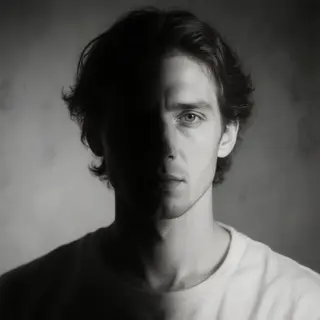 A portrait with dramatic split lighting — half the face brig