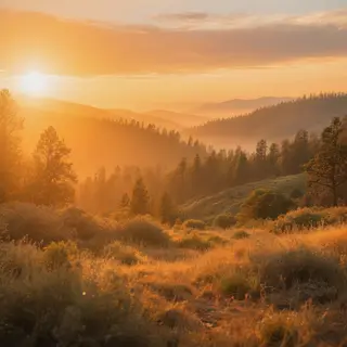 A landscape photograph bathed in golden hour light — long wa