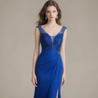 A woman wearing a royal blue evening dress against a neutral