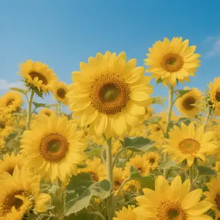 A field of pure sunflower yellow flowers under a clear blue 