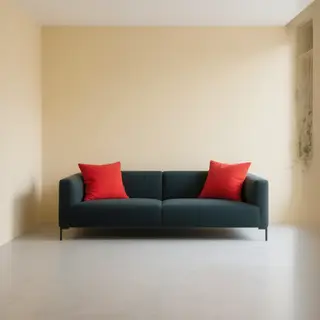 A minimalist room with walls in #F5E6CC (warm cream), a sofa