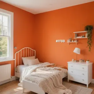 A bedroom wall painted in #FF6B35 (burnt orange) with white 