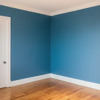 A room with walls in #4A90D9 (medium blue) with warm wooden 