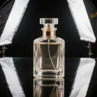 A clear glass perfume bottle on a reflective black surface w
