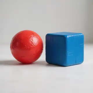 A red ball and a blue cube sitting side by side on a white s