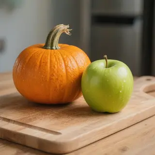 A green apple and an orange pumpkin on a wooden cutting boar