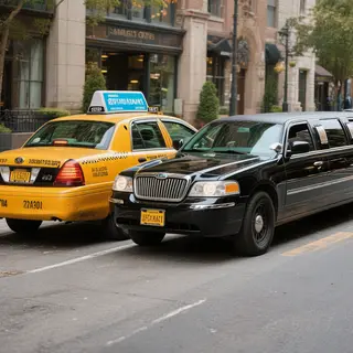 A yellow taxi and a black limousine parked next to each othe