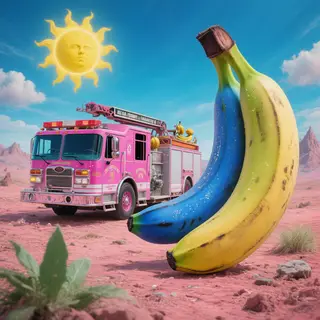 A pink fire truck, a blue banana, and a green sun in a surre