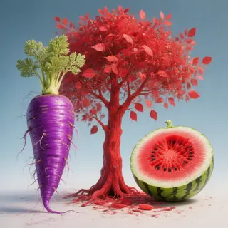 A purple carrot, a red tree with red leaves, and a white wat