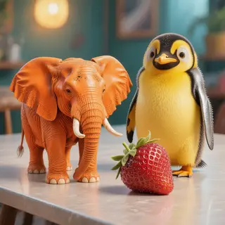 An orange elephant, a yellow penguin, and a silver strawberr
