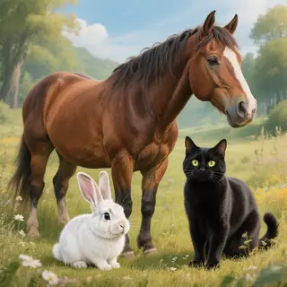 A big brown horse, a small white rabbit, and a medium-sized 