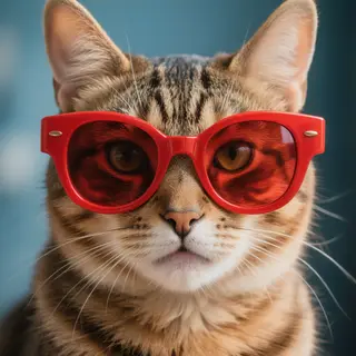 A tabby cat wearing oversized red sunglasses
