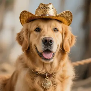A golden retriever wearing a tiny cowboy hat