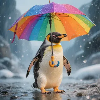 A penguin holding a colorful umbrella