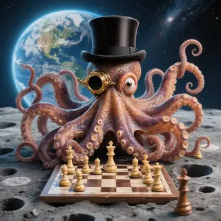 An octopus wearing a top hat and monocle playing chess on th