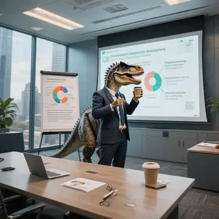A dinosaur in a business suit giving a PowerPoint presentati