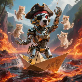 A robot dressed as a pirate sailing a paper boat on a lake o