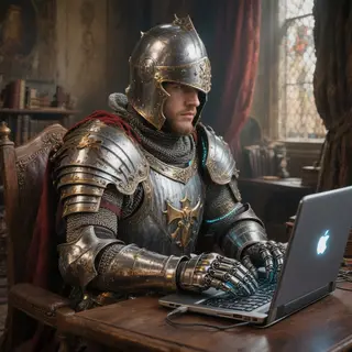 A medieval knight in full armor sitting at a desk typing on 