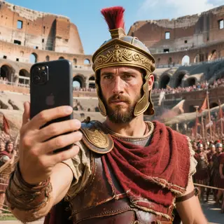 A Roman gladiator taking a selfie with a smartphone in the C