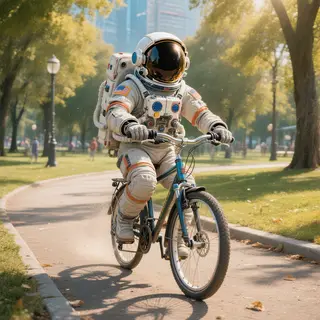 An astronaut in a spacesuit riding a bicycle through a park