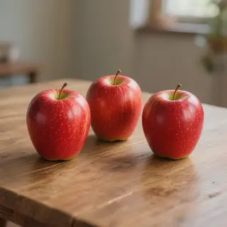 Exactly 3 red apples arranged on a wooden table