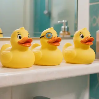 Exactly 5 yellow rubber ducks sitting in a row on a bathroom