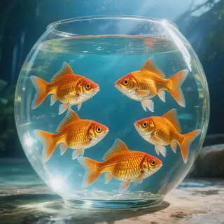 Exactly 9 goldfish swimming in a large round fishbowl