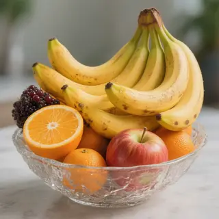 A fruit bowl containing exactly 3 bananas, 4 oranges, and 2 