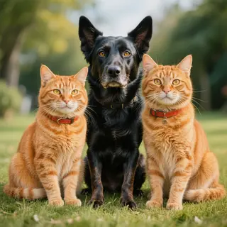 2 orange cats and 3 black dogs sitting together on a grassy 