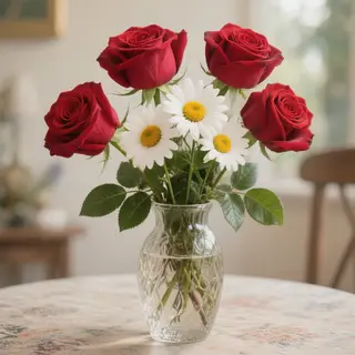 4 red roses and 2 white daisies in a glass vase on a table