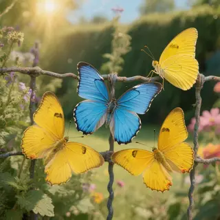 1 blue butterfly and 3 yellow butterflies resting on a garde