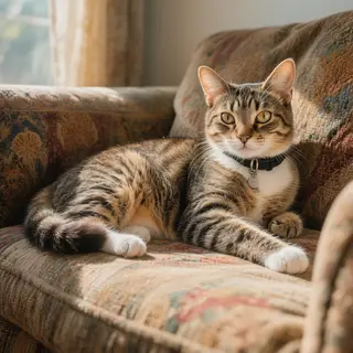 A cat lying on a couch without a collar