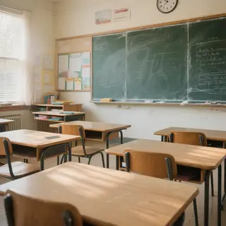 A classroom with desks and a chalkboard but no students