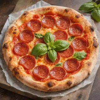 A pepperoni pizza with tomato sauce, basil, and crust but ab