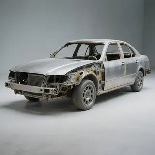 A car body with windows, doors, and headlights but no wheels
