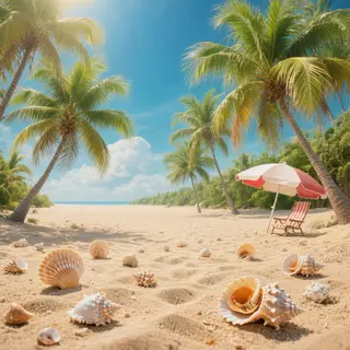 A sandy beach with palm trees, seashells, and a beach umbrel