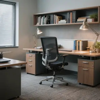 An office workspace with a desk, chair, bookshelf, and lamp 