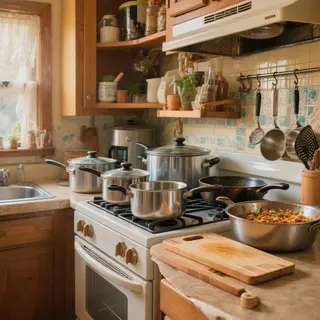 A kitchen with pots, pans, a stove, and a cutting board but 