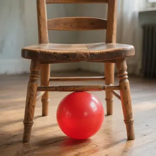 A red ball underneath a wooden chair
