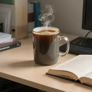 A coffee mug next to an open book on a desk