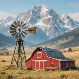 A landscape with a red barn in the foreground at large scale